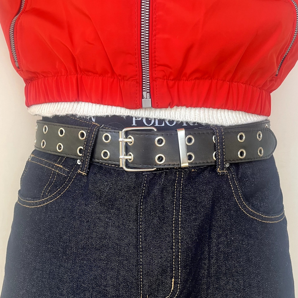 2000s single stitching studded vegan leather black and silver grunge belt